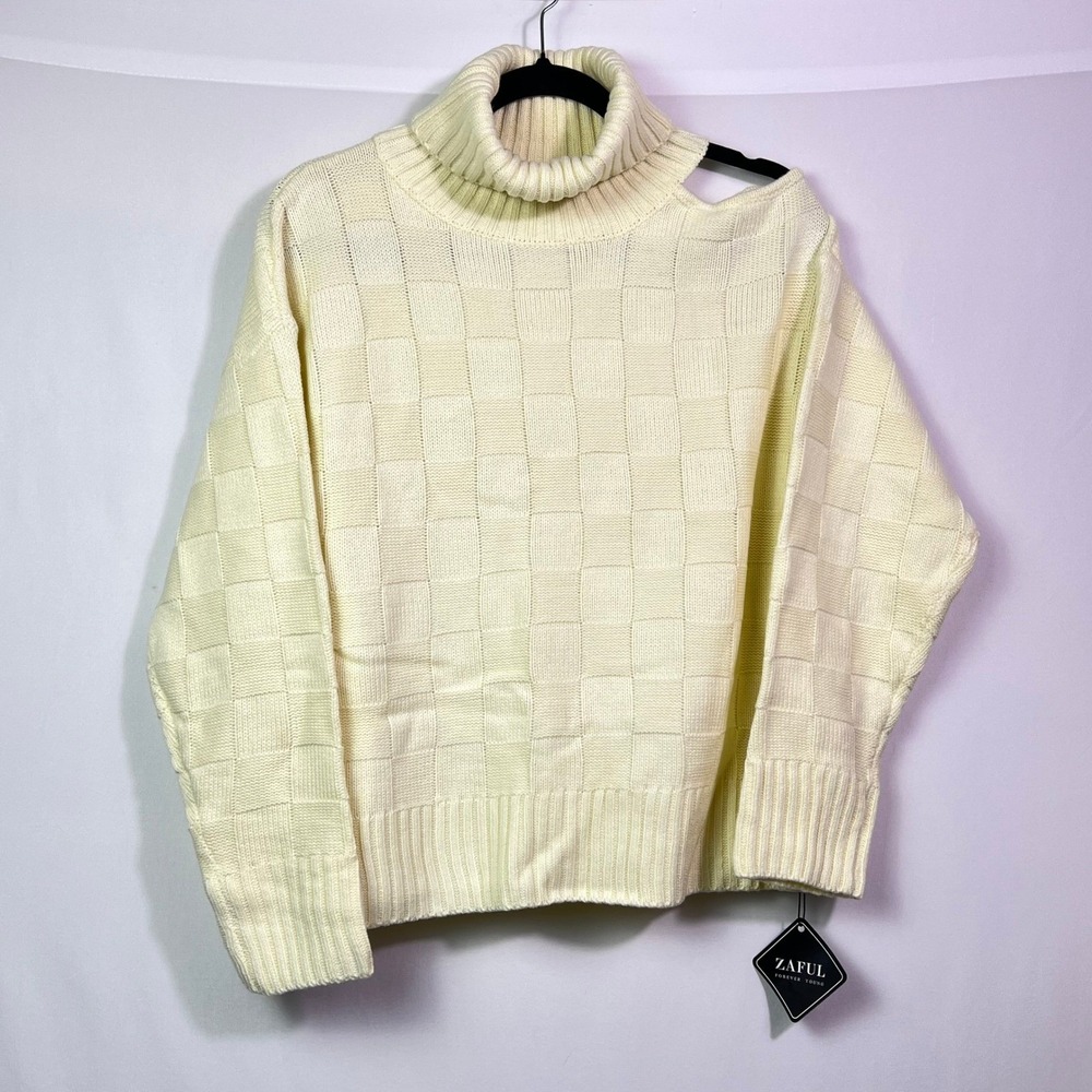 Zaful Womens Cream Cold Shoulder Turtleneck Checkerboard Knit Sweater Large NWT
